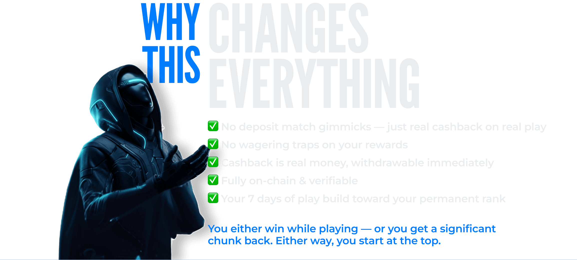 Why This Changes Everything — No deposit match gimmicks, no wagering traps, real cashback withdrawable immediately, fully on-chain and verifiable, your 7 days build toward your permanent rank